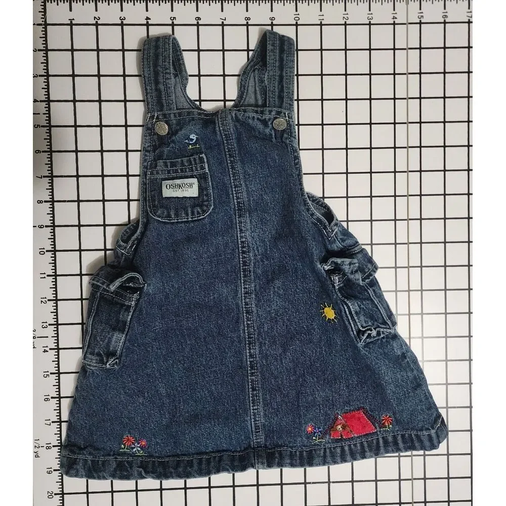 Vintage OshKosh Denim Overall Jumper Dress Embroidered Sunshine Tent Girls 24Mon